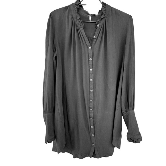 Free People M Black Button-Down Long-Sleeve Tunic Top With Ruffled Collar & Cuf - Picture 1 of 8